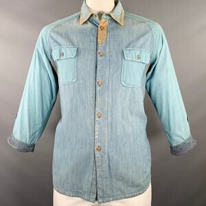 WHITE MOUNTAINEERING Size L Light Blue Color Block Cotton Long Sleeve Shirt